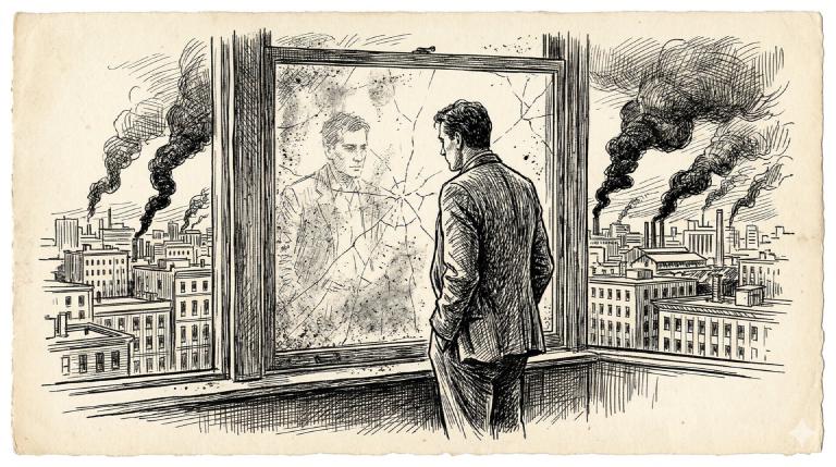 Felix at a grimy window, staring out at smoke columns rising from the city