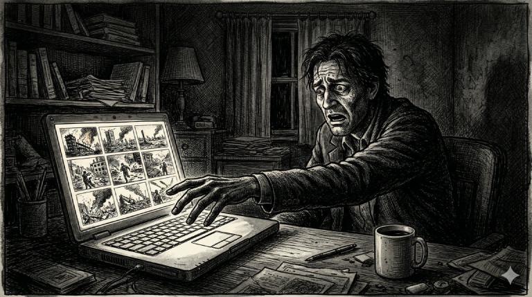 A hand reaching to close a laptop showing horrific disaster photos, a cold coffee beside it