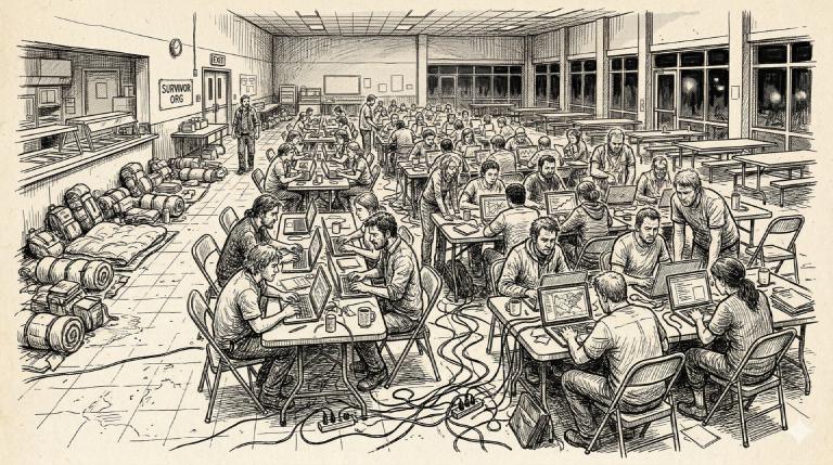 A cafeteria turned war room — laptops on folding tables, cables everywhere, tired faces lit by screens
