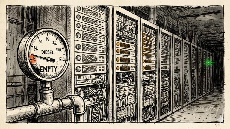Rack servers powering down one by one, a fuel gauge on empty, one last green LED blinking