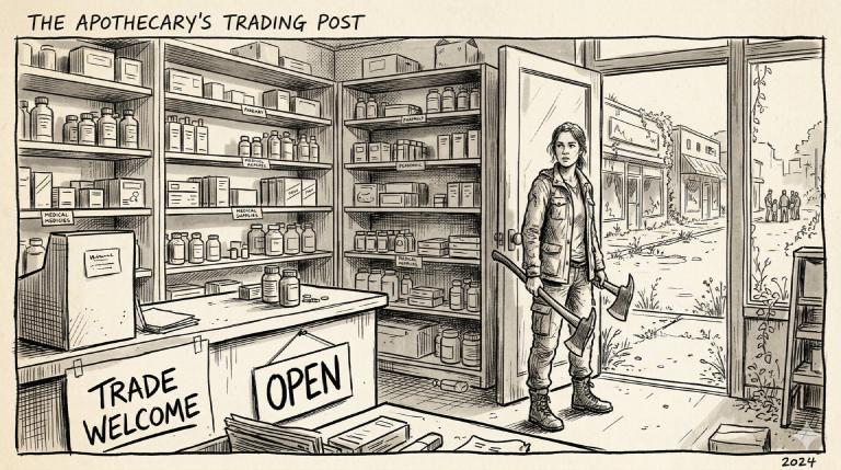 A pharmacy with half-empty shelves, a woman with a fire axe in the doorway, TRADE WELCOME sign