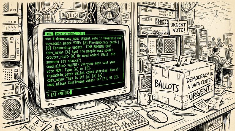 An IRC terminal with scrolling messages, a makeshift ballot box beside the keyboard