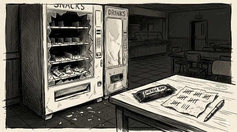 An empty vending machine, smashed open — only crumbs left