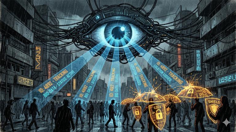 A giant surveillance eye made of circuit traces hovering over a city, people below holding up encryption shields