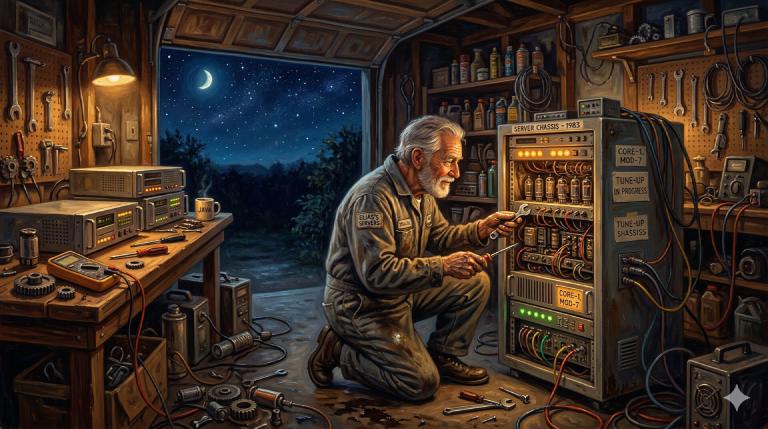 A mechanic lovingly tuning a vintage server rack in his garage at night, warm amber light, stars through the open door