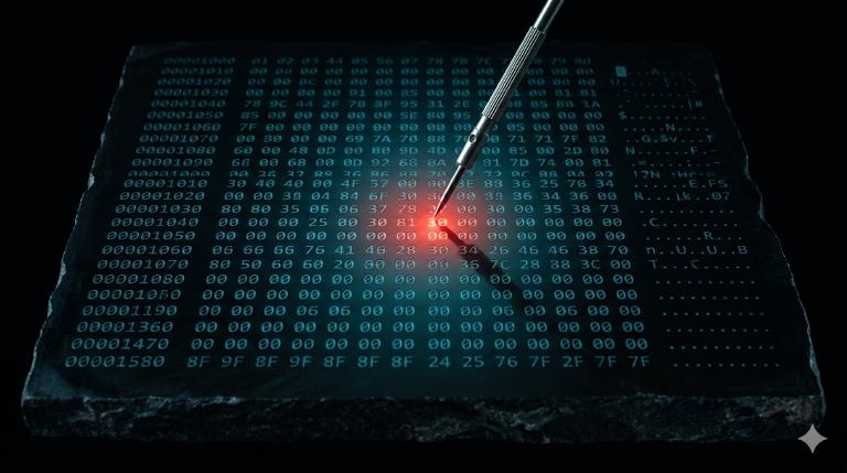 Hex editor view carved into obsidian — a single byte highlighted red, a precision tool hovering over it