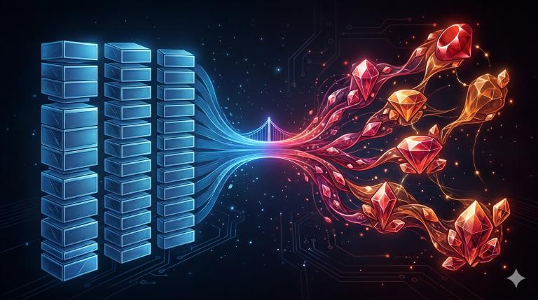 C struct blocks transforming into Ruby crystals across a bridge