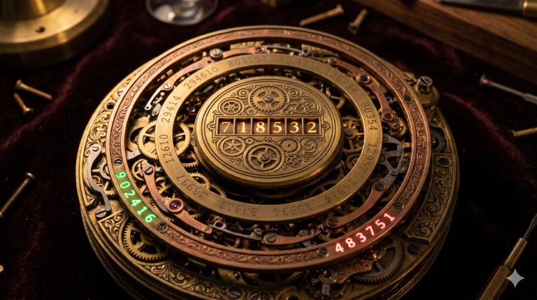 Ornate brass clockwork mechanism with rolling rings of 6-digit codes