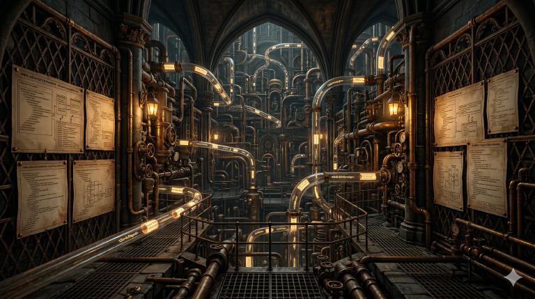 A steampunk baroque cathedral of XML pipes, valves, and WSDL blueprints