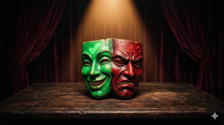 A two-sided theatrical mask, one half green with a checkmark, the other half red with warning symbols