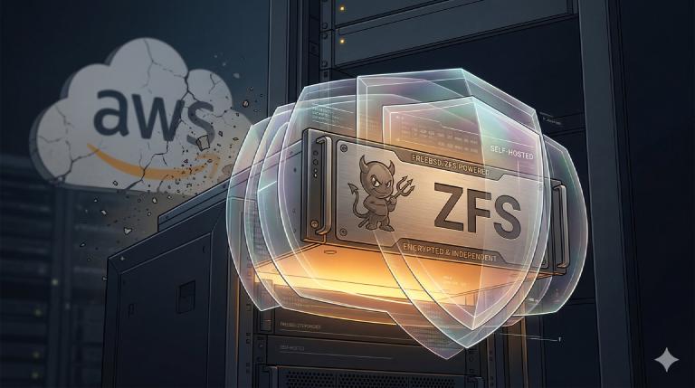 An encrypted FreeBSD server wrapped in translucent shields, AWS cloud crumbling in the background