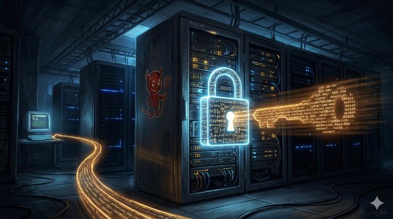 A locked server rack in a dark data center, an SSH connection beam reaching toward a glowing encryption padlock