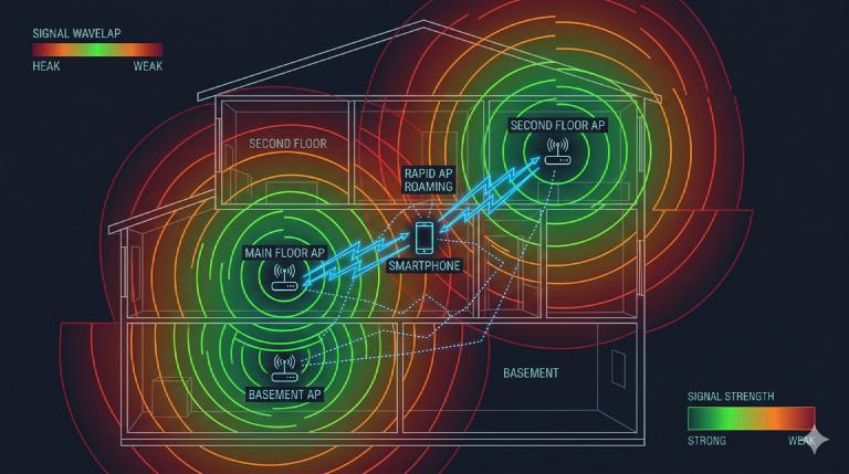 A house cross-section with WiFi access points on each floor, signal waves overlapping, and a phone bouncing chaotically between them