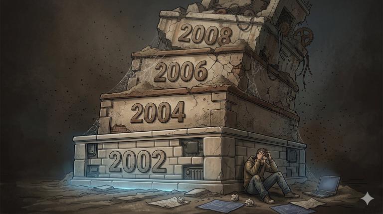 Twenty years of enterprise API layers — each one more cracked than the last