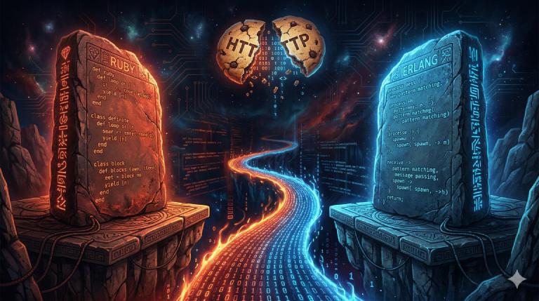 Two Rosetta Stones — Ruby glowing red, Erlang glowing blue — with a river of binary data flowing between them and a cracked HTTP cookie above