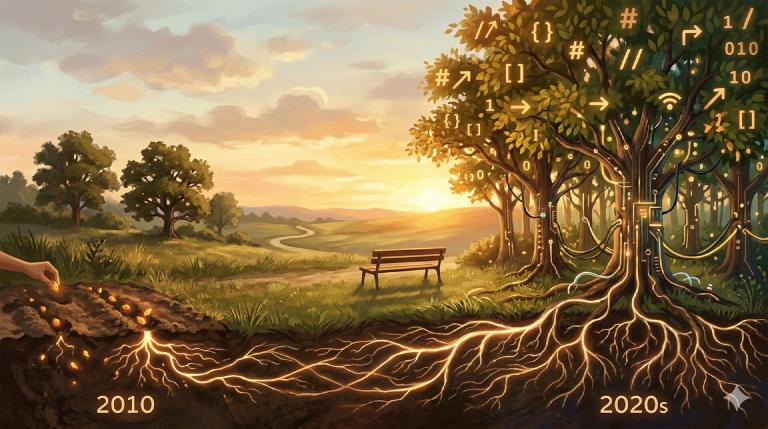 Seeds planted in 2010 growing into a forest of modern technology in the 2020s — luminous roots connecting old ideas to new growth, code-shaped leaves, golden hour