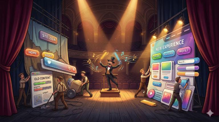 The page lifecycle as a theatrical stage — old content being torn down on the left, new content assembled on the right, a conductor orchestrating the transition