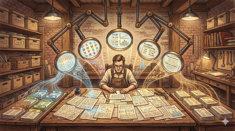 A craftsman&rsquo;s workshop — documents spread across a desk, magnifying glasses on articulated arms extracting patterns, sorted stacks of results