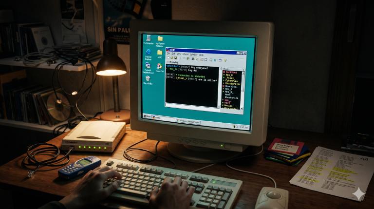 The late-night IRC session, circa 2002 — a CRT monitor glowing in a dark room, an IRC client with its nickname list, a Nokia phone, a modem blinking, and a printout of IP addresses with some highlighted in marker. This is what it looked like when knowing someone&rsquo;s IP meant you could crash their computer.