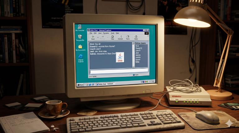 The web chat experience, circa 2001 — a Java applet running inside Internet Explorer on a Windows 98 desktop, a 56k modem blinking away, and the whole internet at the other end of a phone cable. This was cutting-edge technology for getting non-technical users onto IRC.