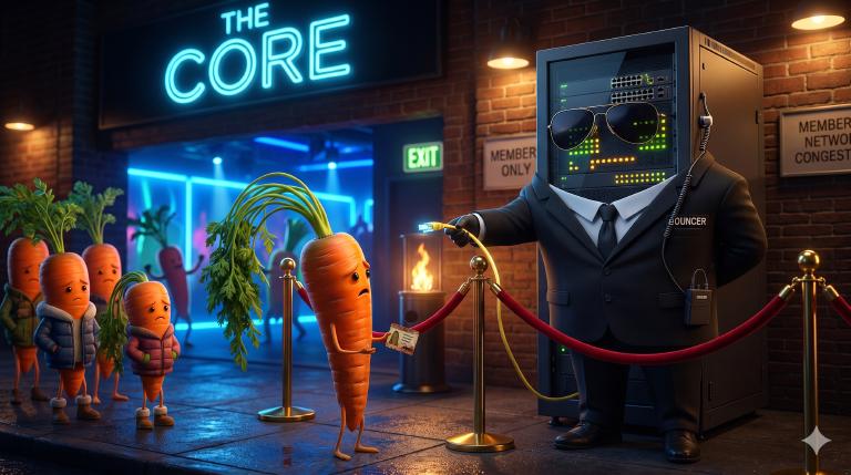 A server rack bouncer in a black suit and sunglasses, turning away a line of dejected carrots at a nightclub entrance. The carrots have droopy leaf tops and little jackets. Azure lights glow inside the club. &ldquo;Non si accettano carote&rdquo; — the founding myth of Italy&rsquo;s largest IRC network, told as a bouncer scene.