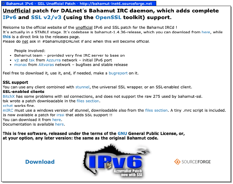 The bahamut-inet6 SourceForge project page — still alive in 2026. &ldquo;Unofficial patch for DALnet&rsquo;s Bahamut IRC daemon, which adds complete IPv6 and SSL v2/v3 (using the OpenSSL toolkit) support.&rdquo; The IPv6 logo at the bottom. Peak early-2000s open source.