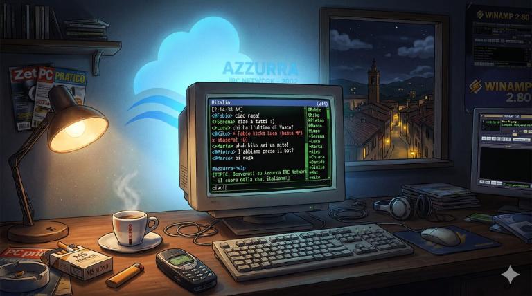 Azzurra IRC Network, circa 2002: green-on-black IRC terminal, azure blue glow, espresso and Nokia phones. Thousands of Italians connected at 2am — chatting, flirting, arguing, sharing MP3s.