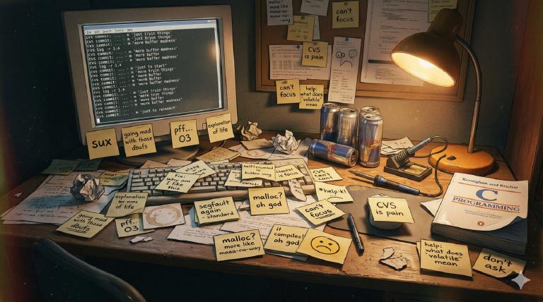A desk covered in scattered sticky notes bearing commit messages — &ldquo;going mad with those dbufs&rdquo;, &ldquo;pff&hellip; O3&rdquo;, &ldquo;sux&rdquo; — coffee stains, a CRT monitor, warm amber light. Not a professional&rsquo;s workspace. A curious 21-year-old&rsquo;s journal.