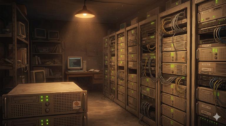 An old server room, dimly lit, vintage rack-mounted servers with green LEDs all on. Dust motes in warm amber light. Everything still running. The quiet dignity of people who keep the internet alive even when no one is watching.