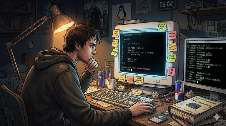 Late-night coding session, circa 2002: CRT monitor, segfaults, O&rsquo;Reilly books, and the determined frustration of learning systems programming the hard way.