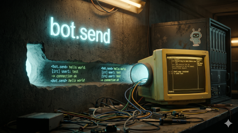 A glowing FIFO pipe labeled bot.send feeding a CRT showing an IRC channel, tangled ethernet around it