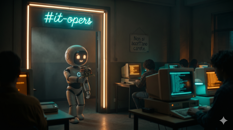 A polite chatbot tiptoeing into #it-opers holding flowers, with a sign reading Non si accettano carote on the wall