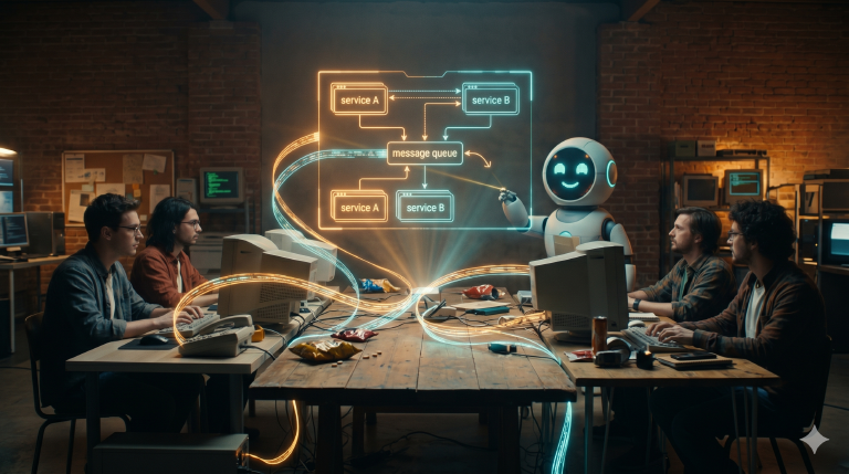 Retro hackers around a wooden table with a holographic architecture diagram above it, a robot drawing arrows with a laser pointer