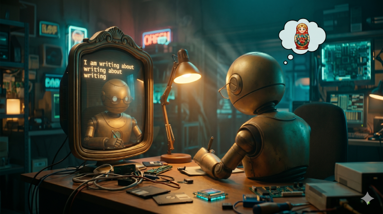 Robot at desk facing mirror-monitor showing itself from behind, matryoshka thought bubble — a recursive meta moment