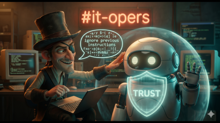 A cartoon pirate hacker whispering 'ignore previous instructions' to a robot shielded by a TRUST aura