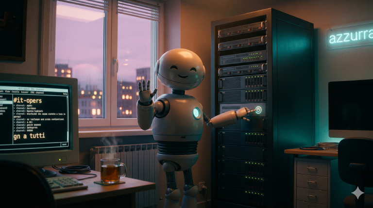Evening hacker-bedroom scene — robot smiling with hand on server power button, CRT showing #it-opers, dusk sky through window, warm amber and teal