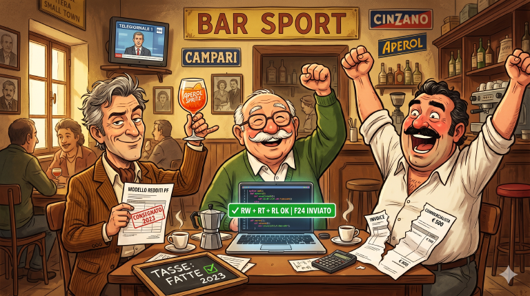 Magnotta, Mosconi and Mascetti celebrate the filed dichiarazione at the Bar Sport