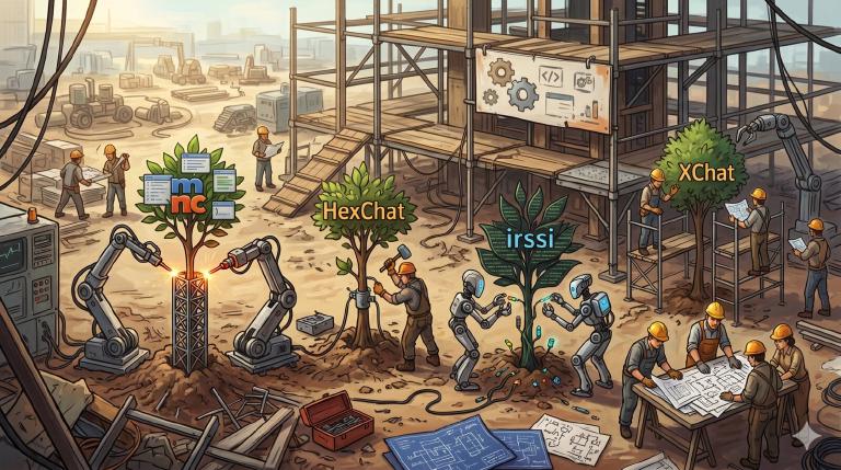A construction site scene: robots welding and hammering while IRC clients — mIRC, irssi, XChat — grow like saplings from the ground. Work in progress, the README is ready, the code is on its way.
