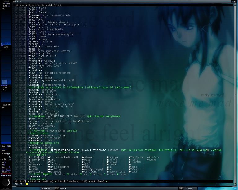 Aleksandr&rsquo;s irssi running the &ldquo;sux&rdquo; theme on Azzurra — anime wallpaper, channel activity, Fastweb hostnames in the nick list. This is what the network looked like from the inside.