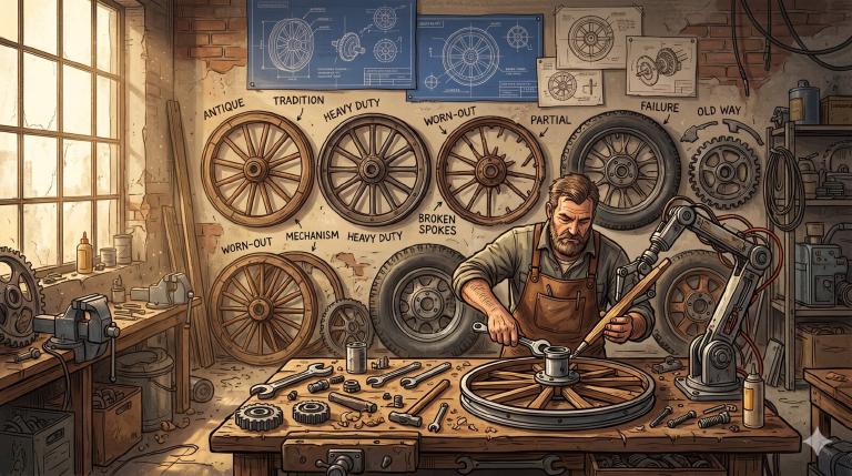 A craftsman&rsquo;s workshop with various wheels leaning against the wall — antique, mechanical, heavy-duty, some with broken spokes or missing pieces. At the bench, a craftsman with a robotic arm assembles a brand-new wheel. Blueprints pinned to the wall, tools scattered across the bench.