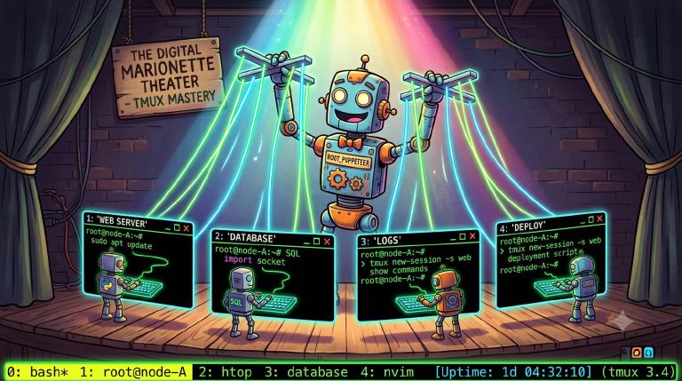 A robot puppeteer pulling glowing strings attached to a grid of terminal panes, each pane a smaller robot typing code, tmux status bar along the bottom