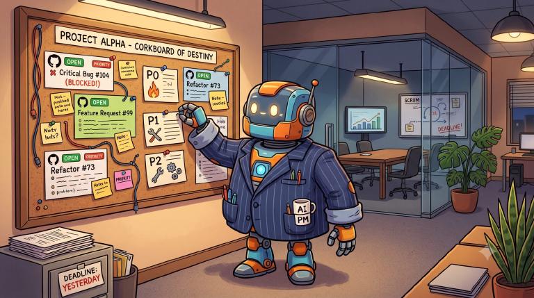 A robot in a slightly-too-big blazer pinning GitHub issue cards labeled P0, P1, P2 onto a corkboard, an empty meeting room visible behind it