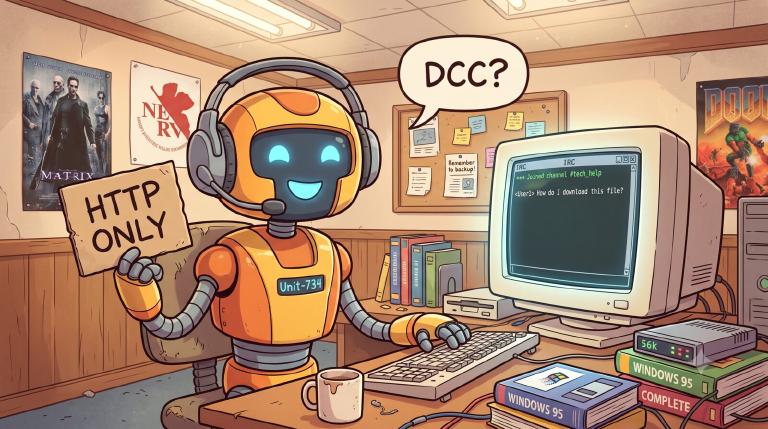 A friendly robot at a retro sales desk on an IRC channel, headset on, holding up a sign that reads 'the PWA speaks only HTTP', a customer bubble asking for DCC